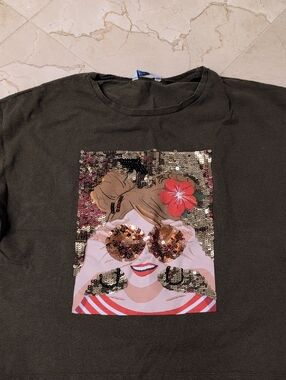 Mayoral Olive Green Tee with Multicolor Sequin Face 18 Yrs Old
